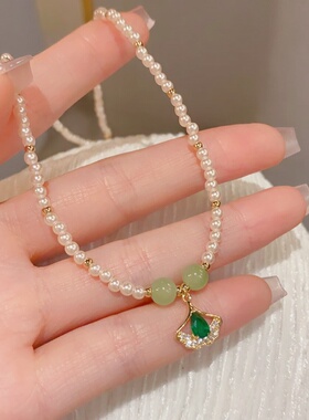 绿色银杏叶吊坠珍珠项链轻奢