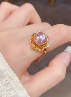 夏季新款百搭超闪微镶锆石花瓣紫色珍珠开口戒个性简约设计感指环