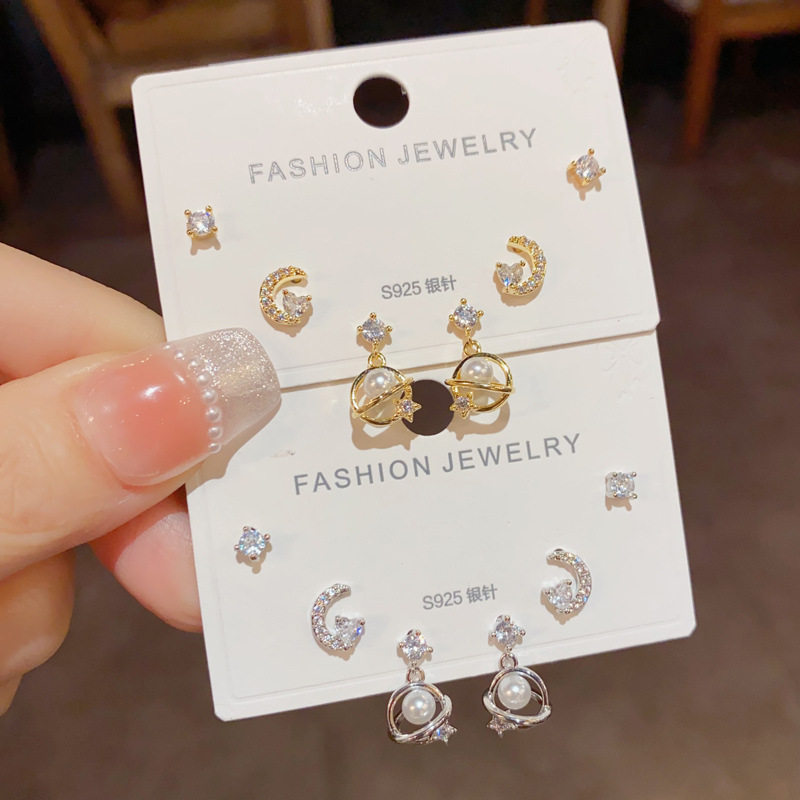 小众时尚设计感锆石星月三件套组合耳钉精致小巧百搭感耳环女
