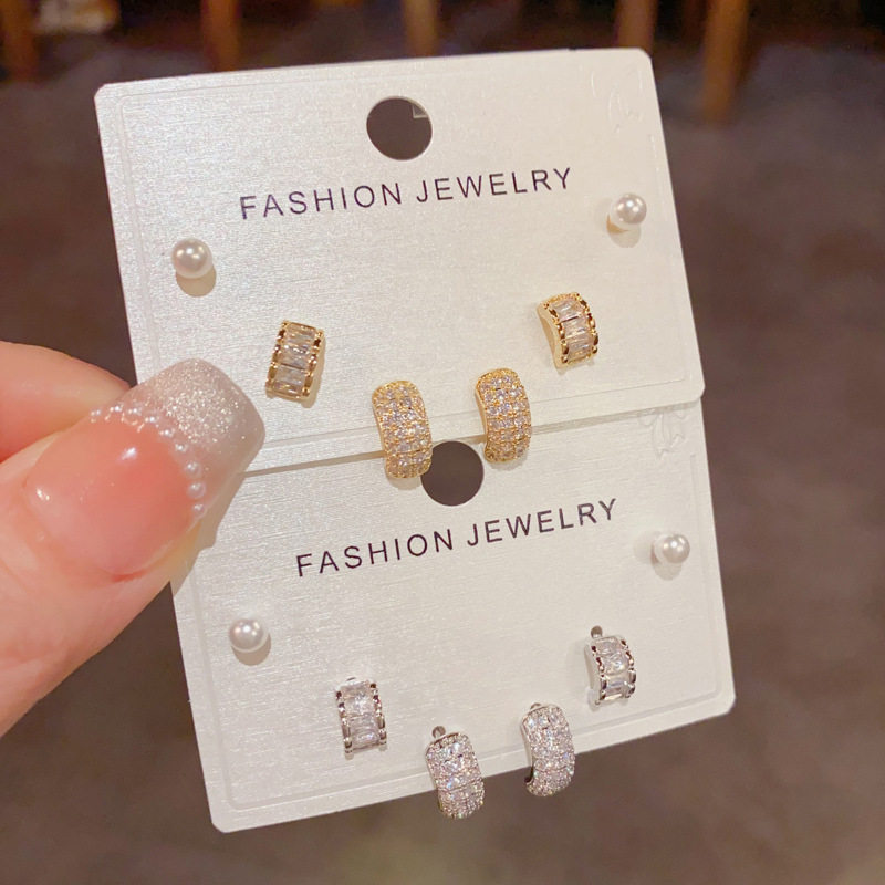 日韩精致时尚满钻几何珍珠耳钉