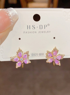 新款小清新时尚满钻紫色枫叶耳钉s925银针小众气质简约轻奢设计感