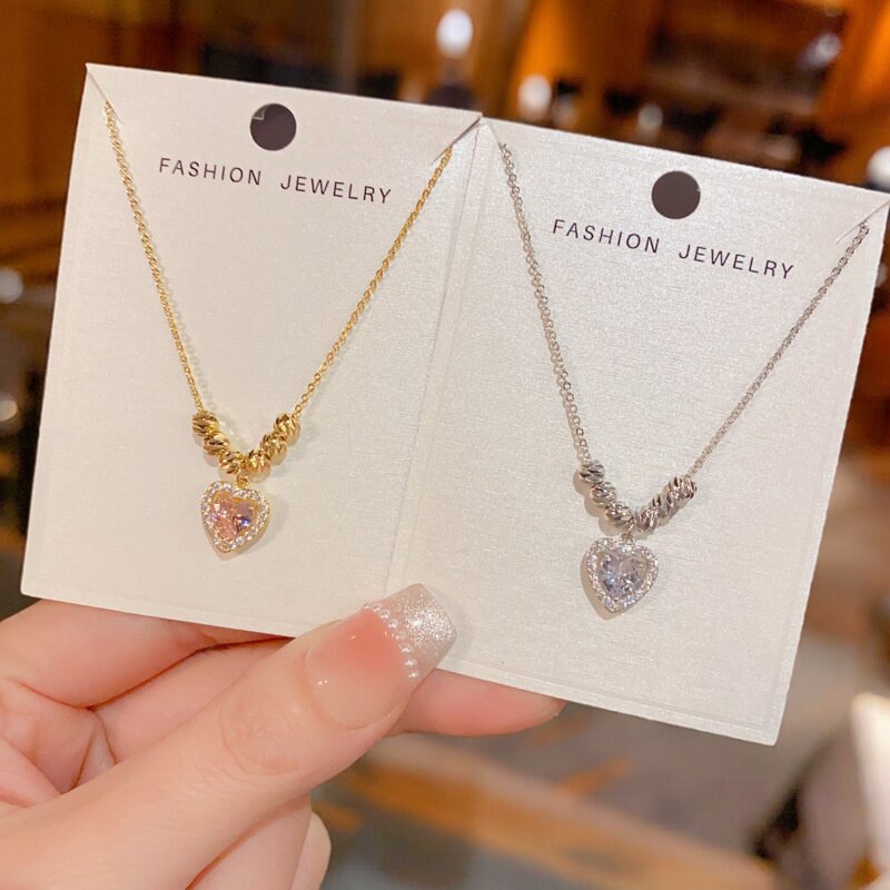 HS.DP品牌个性时尚圆珠满钻爱心项链 气质时尚精致百搭超闪锁骨链