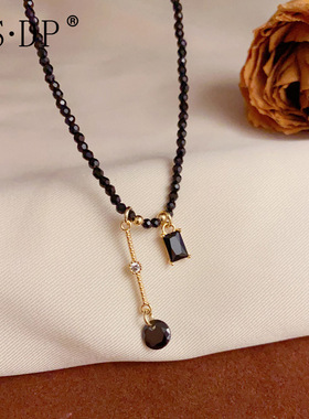 夏季新款黑色水晶流苏项链女复古