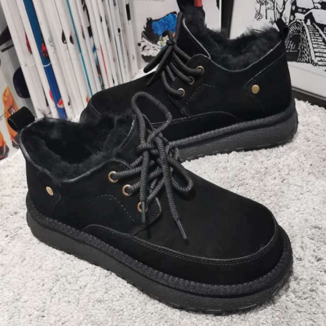 2025冬季毛绒皮毛一体雪地靴男保暖厚底系带圆头真皮短靴百搭棉鞋