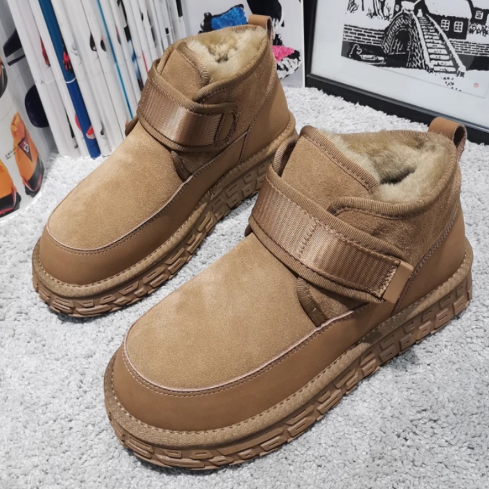 2025新款皮毛一体雪地靴男冬季加绒保暖防滑魔术贴短靴真皮棉鞋