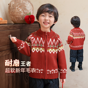 拜年服 男孩针织开衫 儿童红色毛衣宝宝男童毛线衣冬季 加厚2026新款