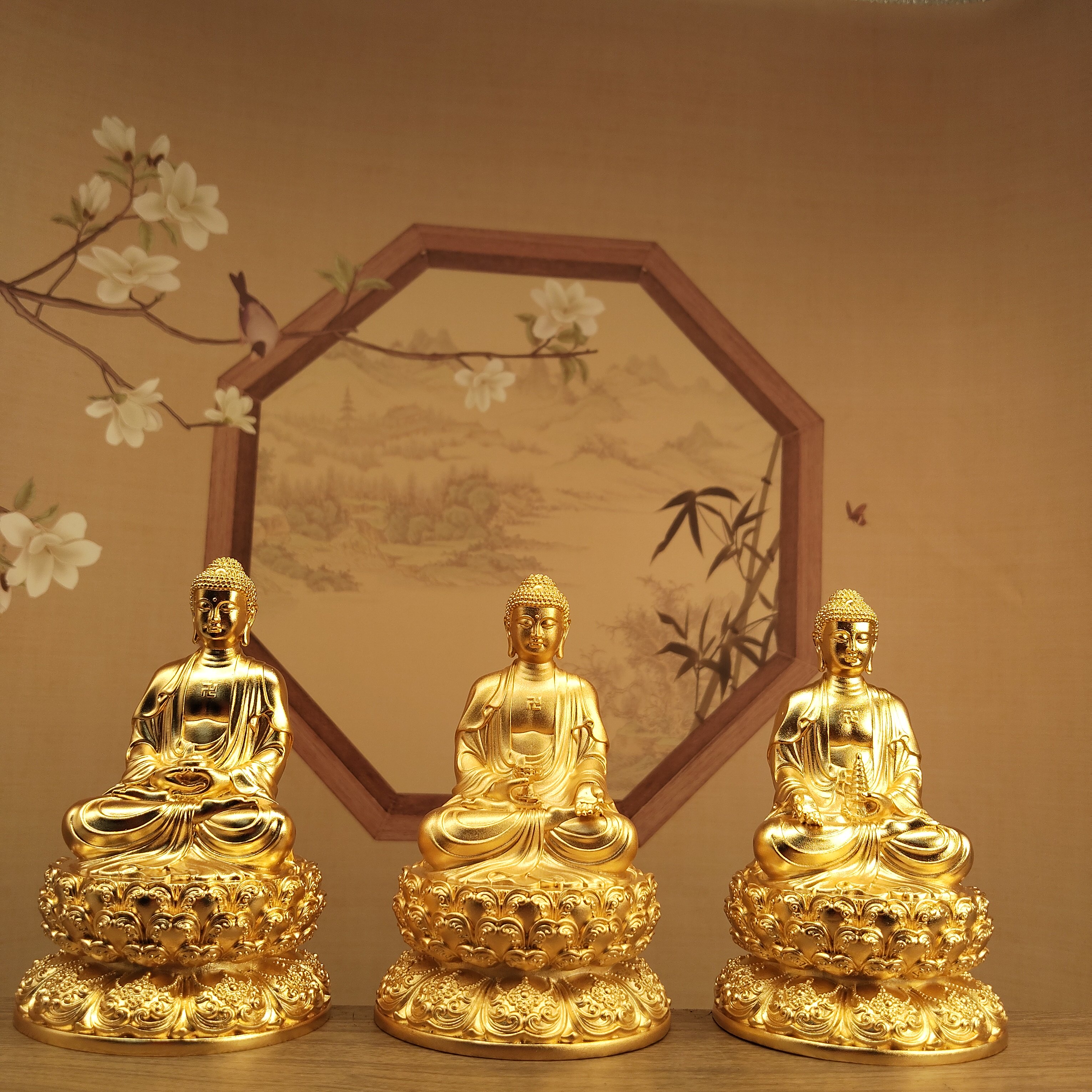 尼泊尔工艺汉传三宝佛10厘米释迦牟尼阿弥陀佛药师佛像居家摆件供