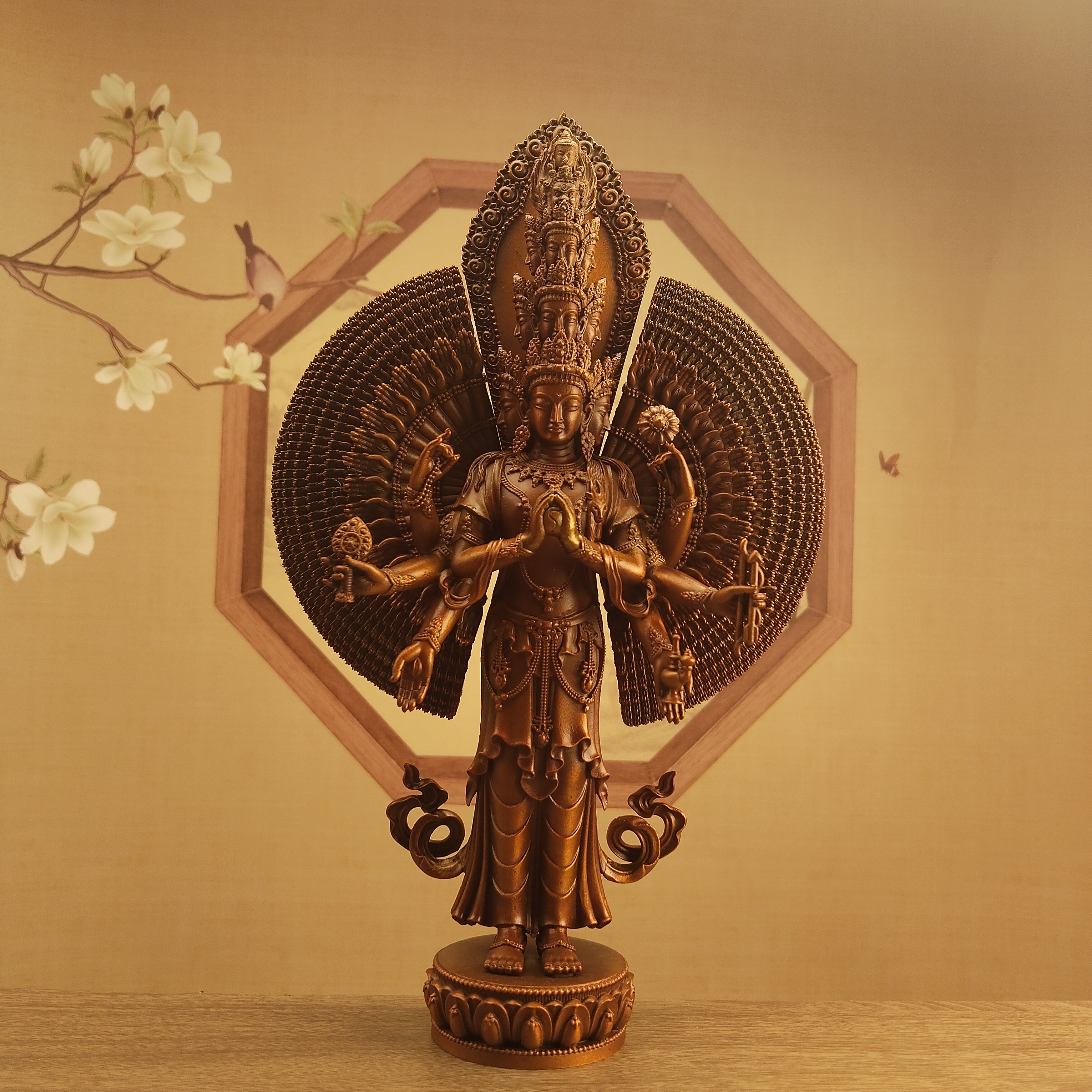 尼泊尔工艺紫铜做旧21厘米千手观音菩萨佛像居家摆件佛堂寺庙供