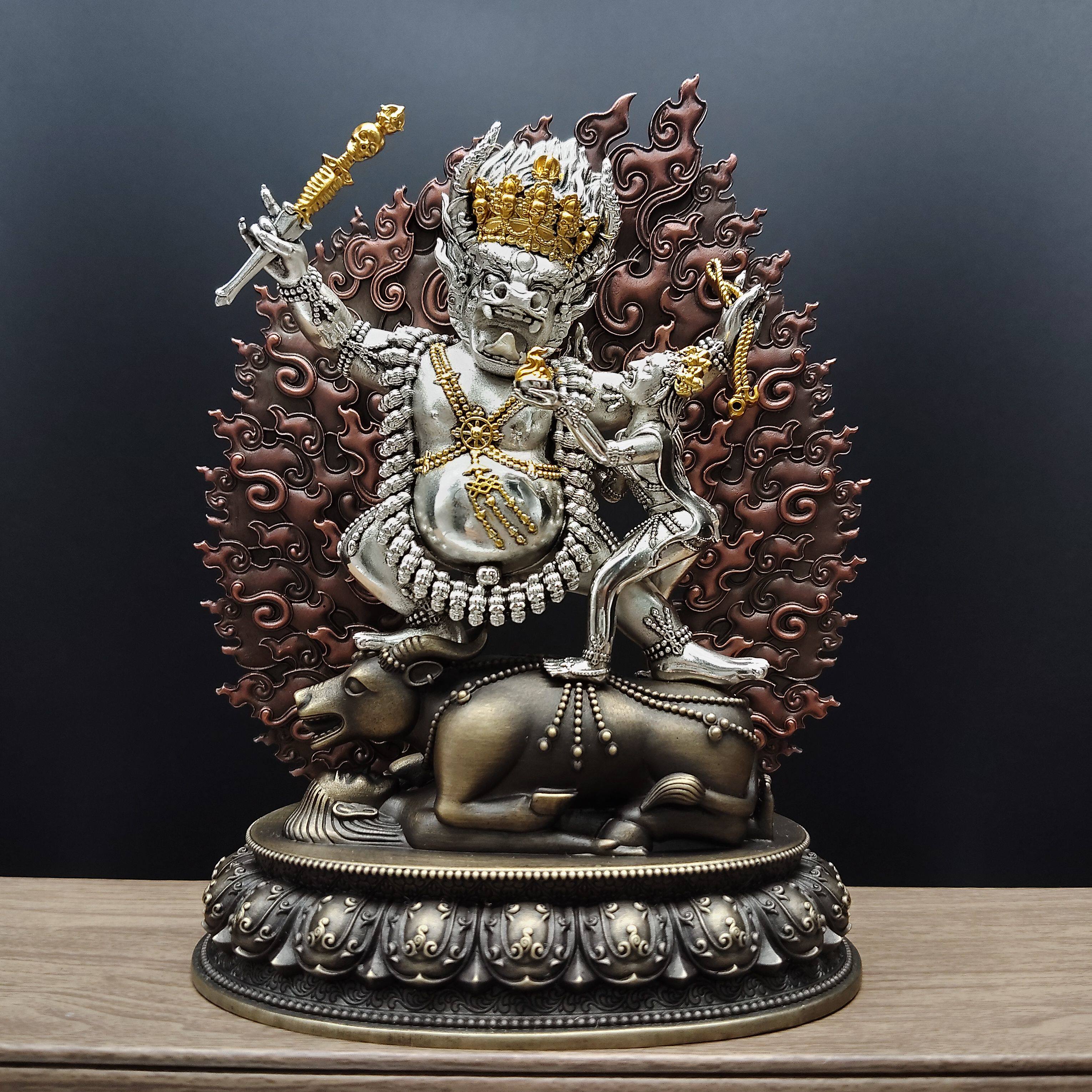 藏式纯铜做旧白铜鎏银阎魔敌佛像俱誓法王像家居摆件佛堂寺庙供