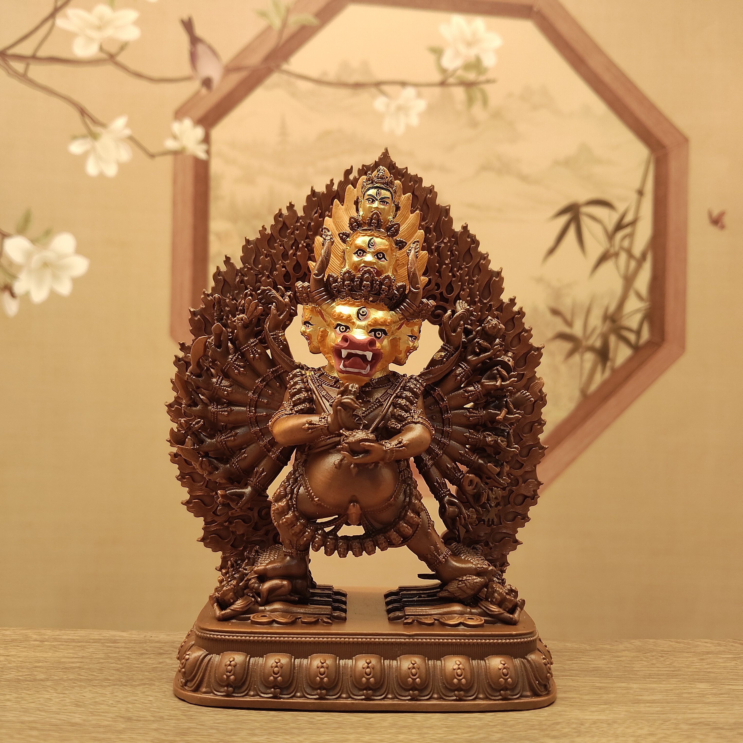 尼泊尔工艺红铜做旧画脸三寸12公分单身大威德像居家办公客厅摆件
