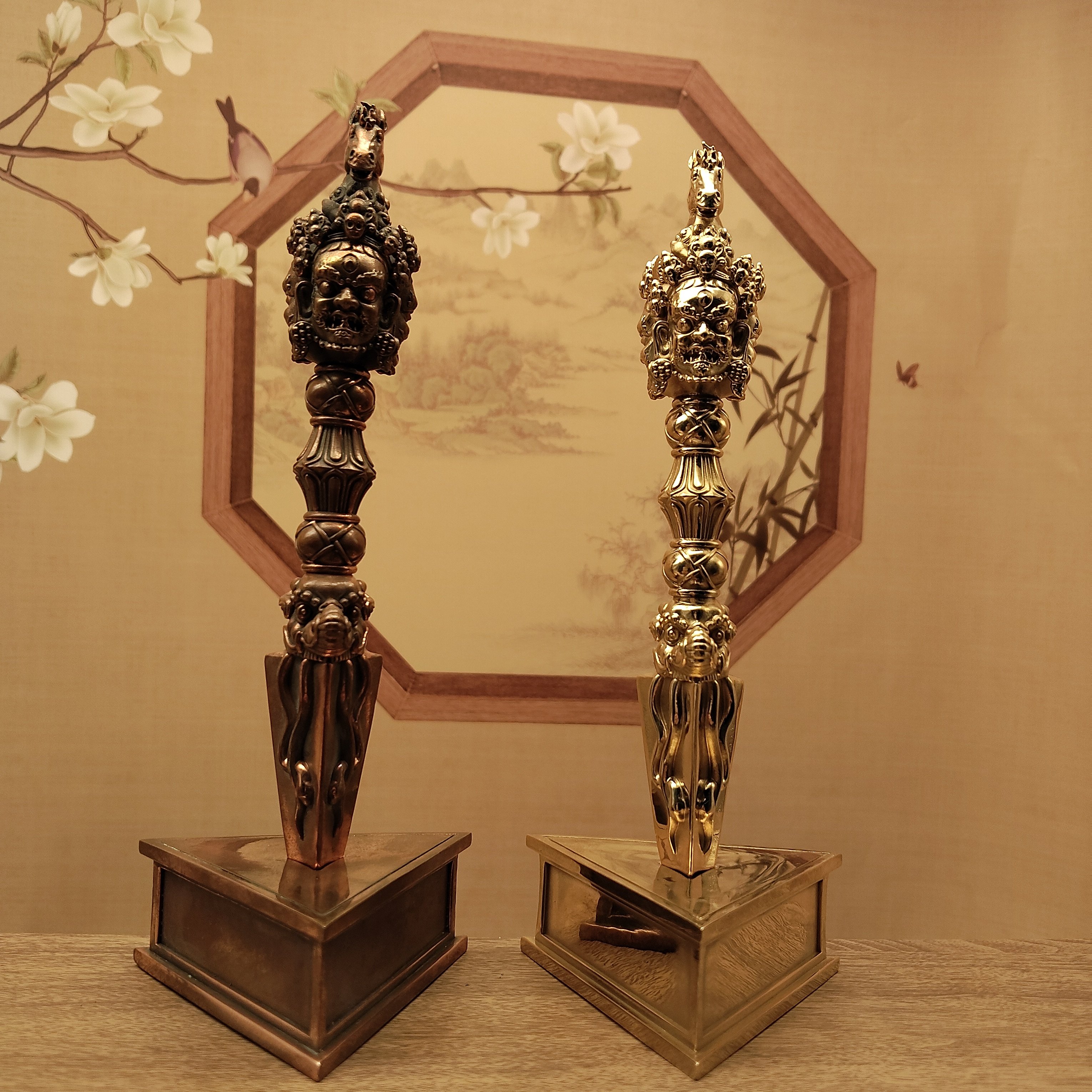 尼泊尔工艺紫铜黄铜17厘米马头明王普巴金刚撅带底座居家摆件佛堂