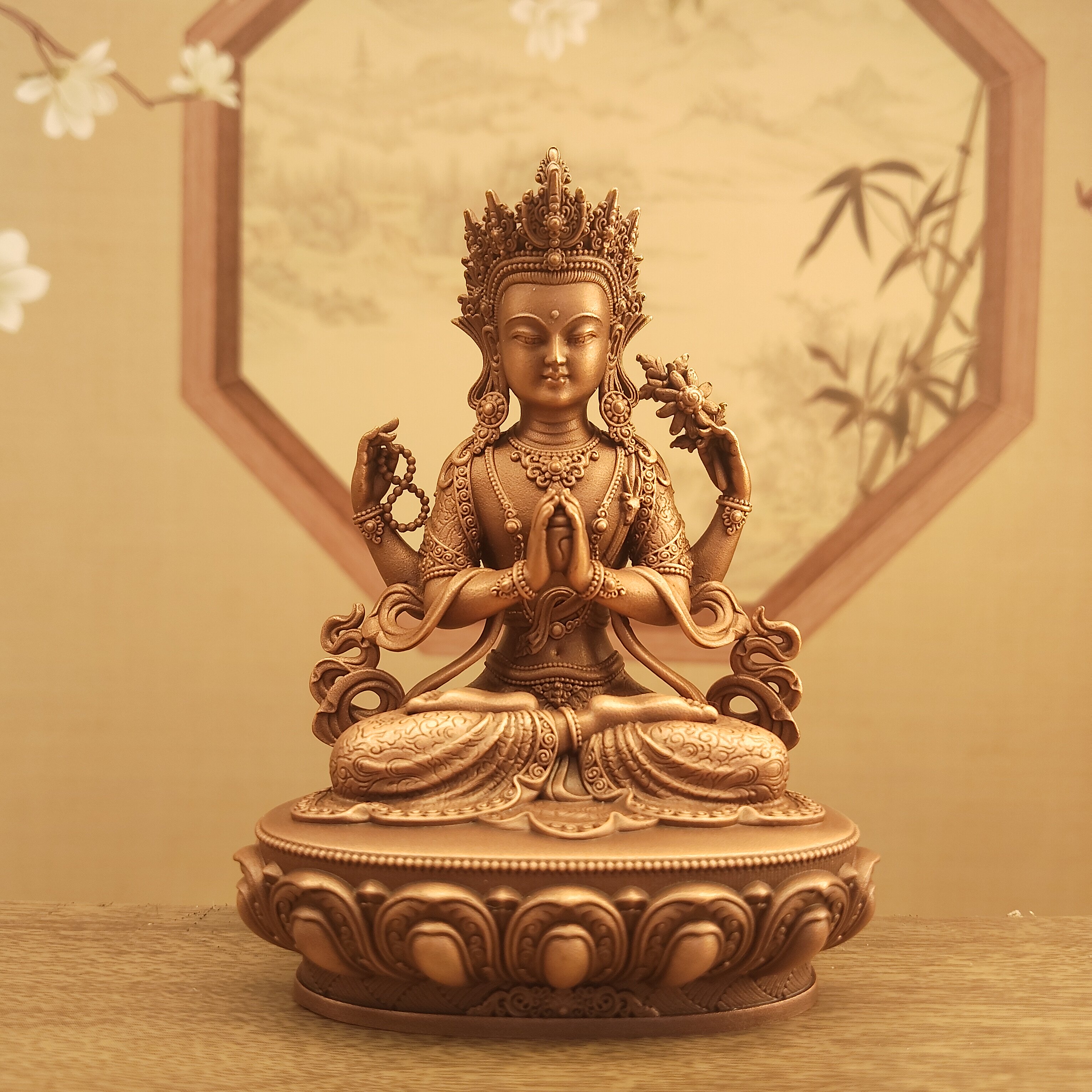 藏传密宗紫铜做旧四臂观音佛像居家摆件车载随身小铜像佛堂寺庙供