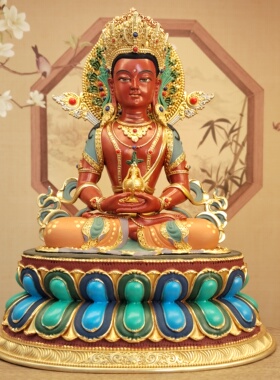 藏式全铜彩绘23厘米长寿佛精工细作黄铜佛像摆件佛堂寺庙桌面车载