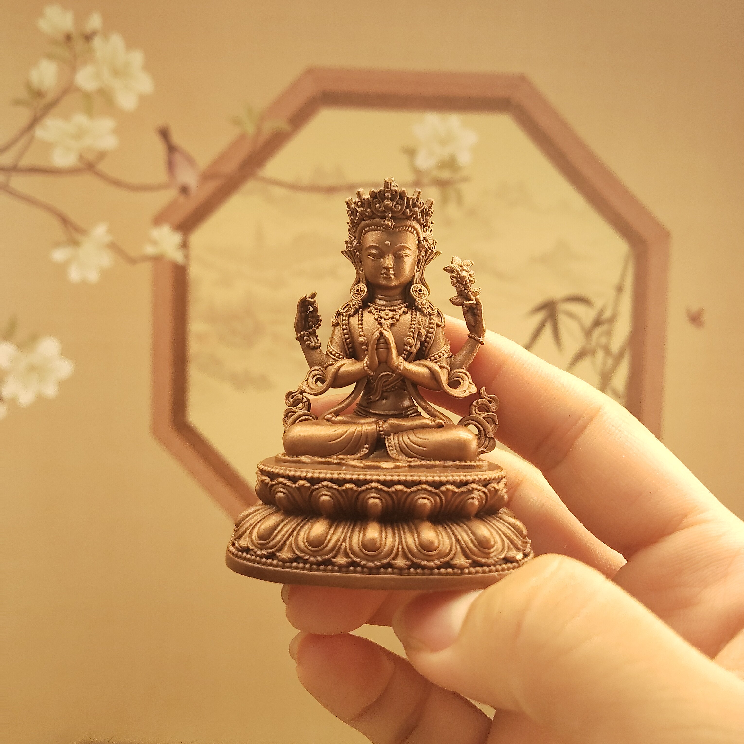 藏传密宗紫铜做旧6厘米四臂观音佛像居家摆件车载随身小铜像佛堂