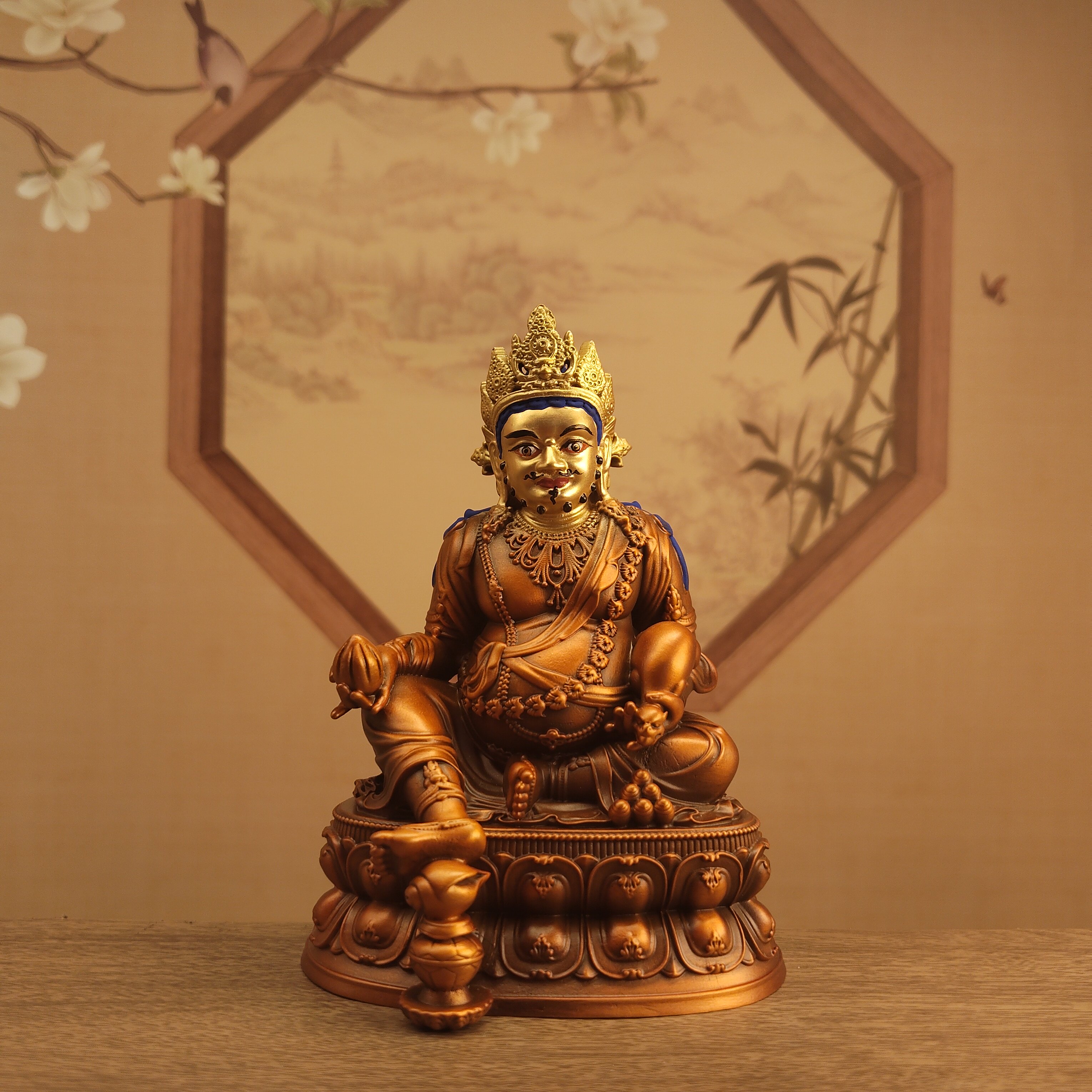 西藏精工紫铜做旧画脸三寸10厘米黄财神佛像居家办公客厅佛堂摆件