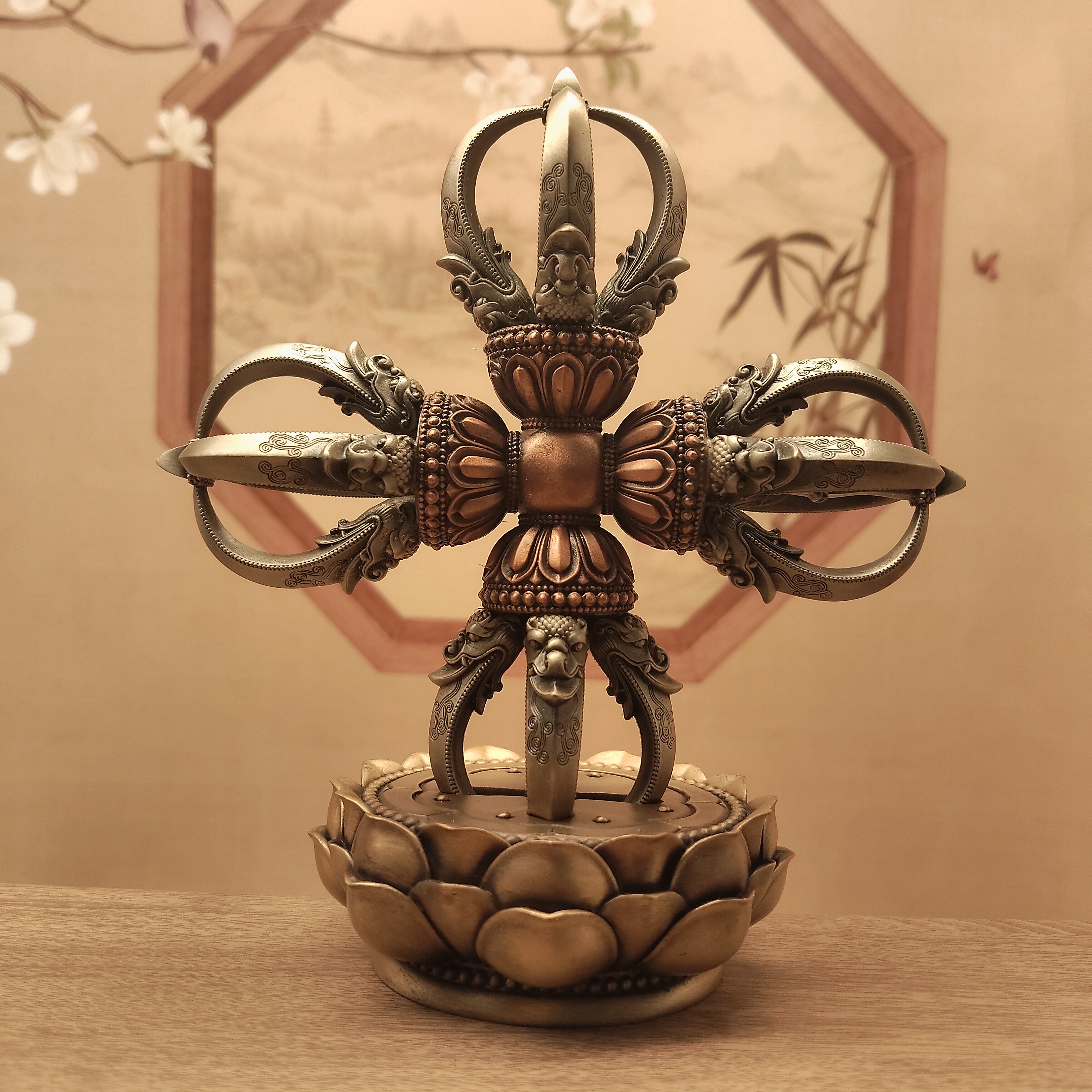 藏传纯铜五股金刚杵十字金刚杵带莲花底座家居摆件佛堂寺庙供具