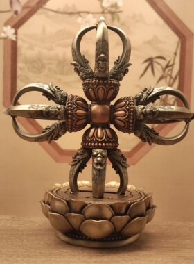 藏传纯铜五股金刚杵十字金刚杵带莲花底座家居摆件佛堂寺庙供具