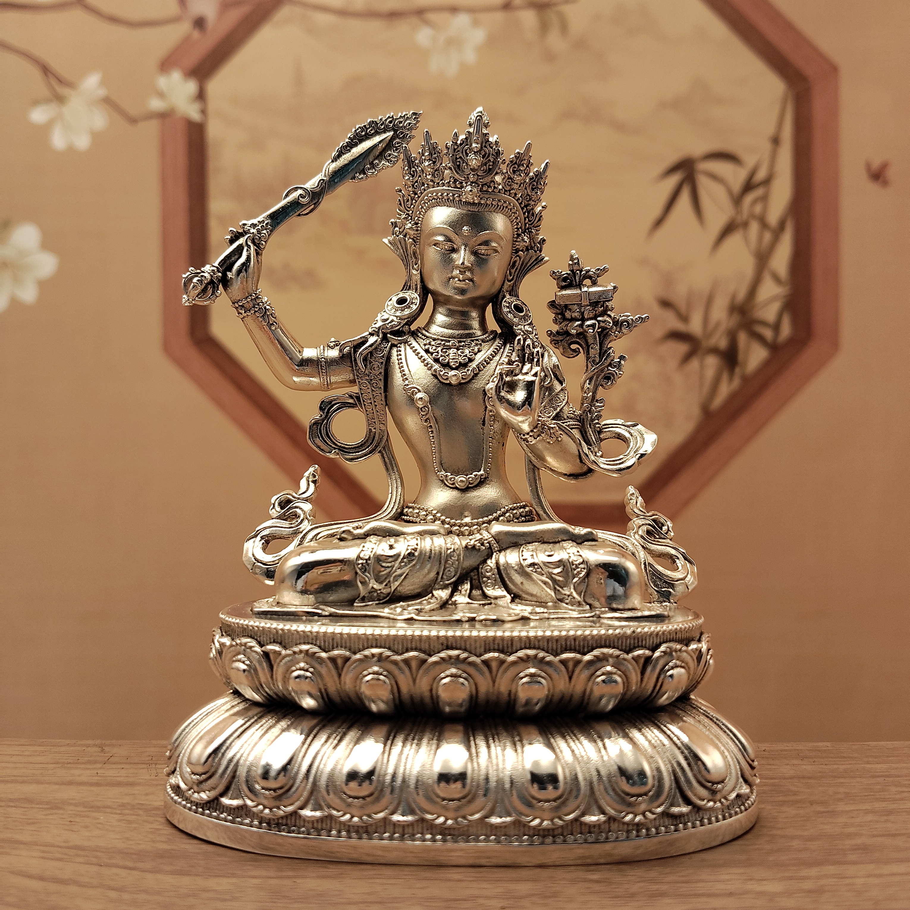藏传密宗白铜鎏银10公分文殊菩萨佛像举剑文殊居家摆件车载随身带