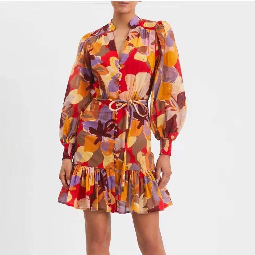 新款 澳洲小众2023早春秋V领灯笼袖印花拼色腰带收腰短款连衣裙女,女装/女士精品,连衣裙,淘宝优惠券,粉丝福利购,淘宝优惠卷