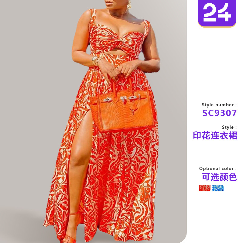 S9307 2025夏季欧美时尚性感连衣裙吊带印花开叉长裙波浪领