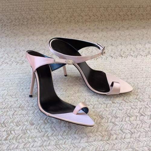 温柔粉缎面高跟凉鞋桃心头露趾细跟搭扣宴会时装女鞋sandal shoes