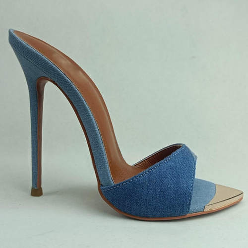 跨境时装凉鞋欧美金属尖头细跟牛仔拼接外贸女鞋high heels高跟鞋