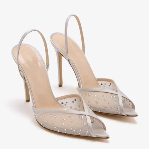 新款 欧美高跟凉鞋尖头网纱水钻细跟女婚宴鞋wedding shoes women