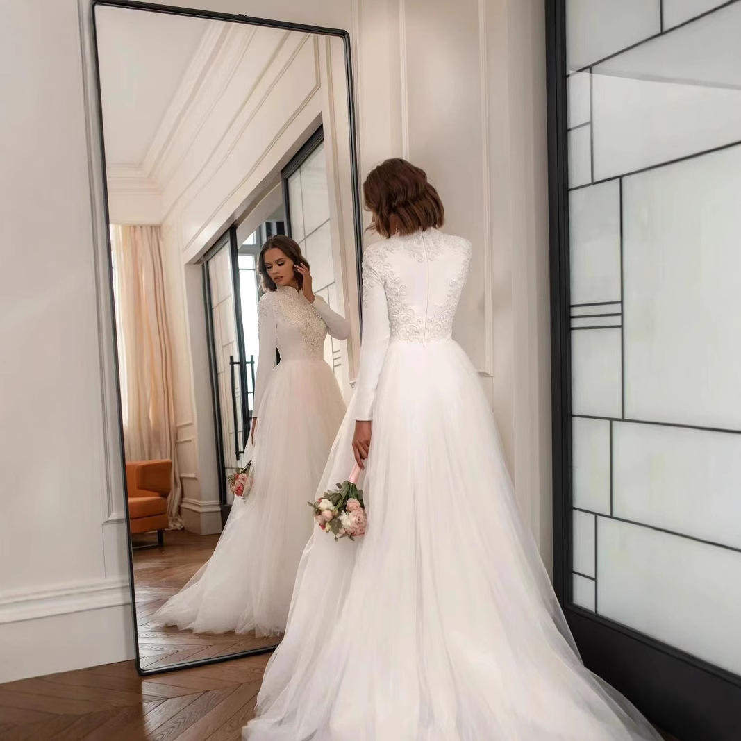 外贸婚纱高领珠绣蕾丝长袖礼服新娘结婚连衣裙白色长裙