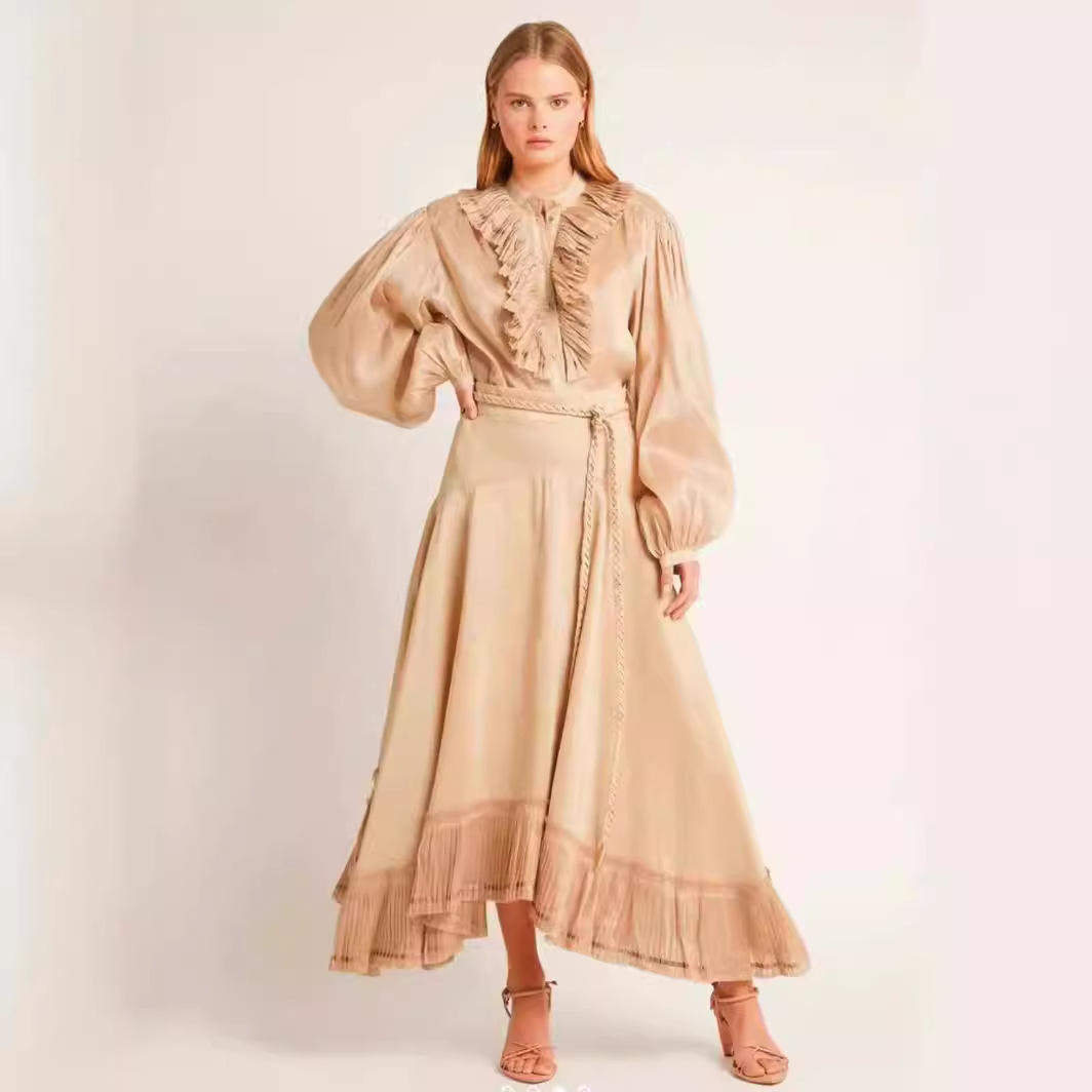 新款2024春季荷叶边上衣灯笼袖配腰带收腰拼接长裙时尚套装女涤纶