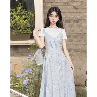 新款 甜美收腰显瘦蓝色印花吊带连衣裙女 夏季 韩版 短袖 T恤气质套装