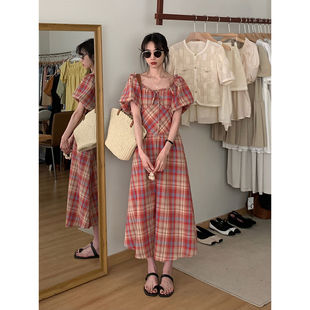 韩系复古方领格子收腰显瘦连衣裙女夏季 设计感小众长裙子 新款