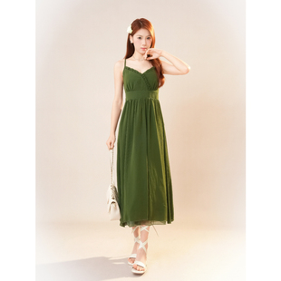 古着vintage复古绿色高腰吊带连衣裙气质小众收腰显瘦设计感裙子