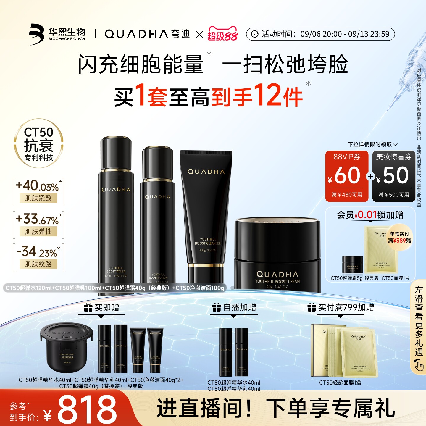 华熙生物夸迪CT50超弹精华水乳面霜洁面护肤品套装