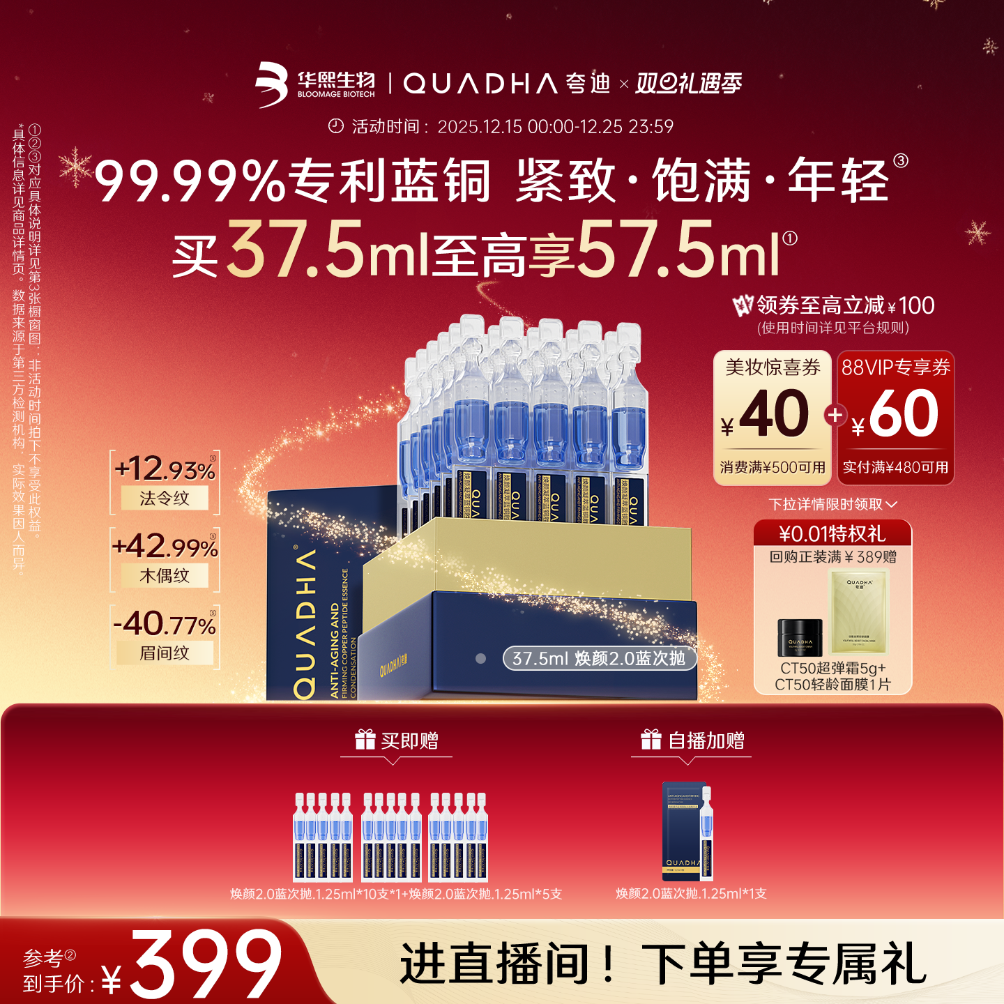 【圣诞礼物】华熙生物夸迪焕颜2.0蓝次抛精华液蓝铜胜肽抗皱护肤