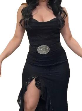 欧美 亚马逊 独立站 速卖通 黑色吊带 下摆花边 连衣裙高腰涤纶