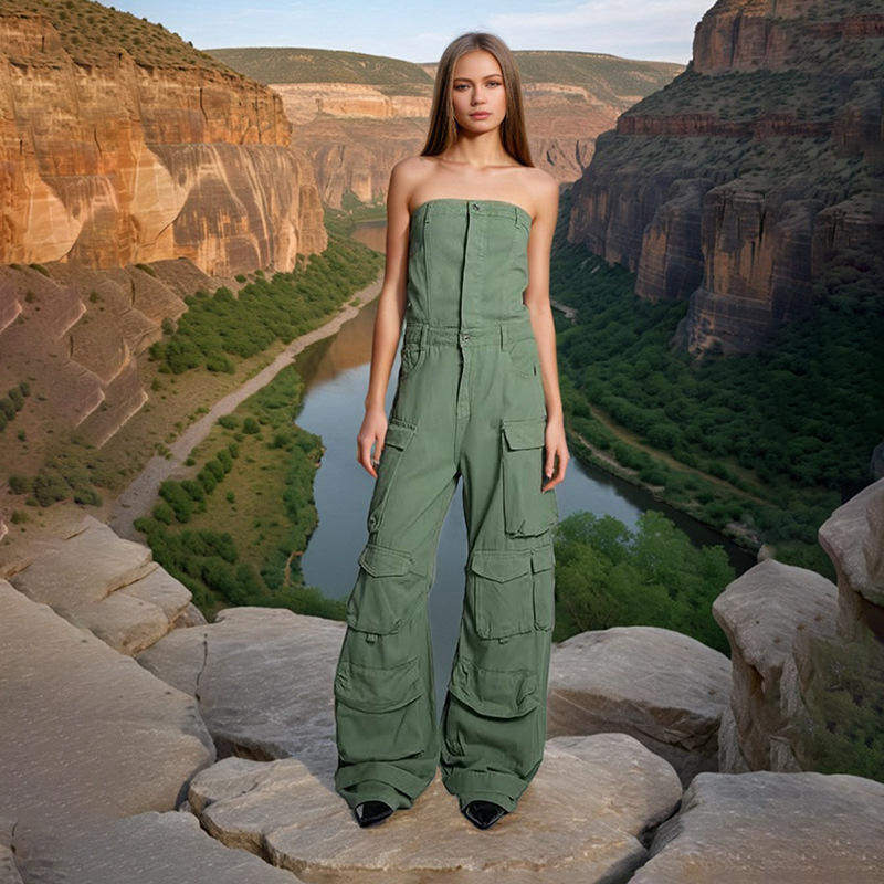 新款 南油高级感裤2025时尚个性多口袋抹胸工装牛仔连体衣裤女