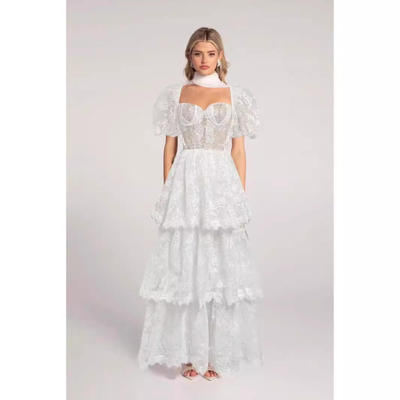 2024夏季法式设计泡泡袖短袖抹胸蕾丝拼接长款连衣裙女涤纶公主风