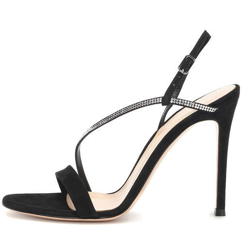 新款 欧美大码绒面烫钻细高跟搭扣凉鞋宴会party鞋婚鞋slingback