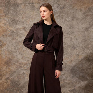 深棕麂皮短款风衣外套2026春季女装翻领收腰复古摩登通勤上衣西装