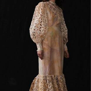 收腰长款 镂空设计 连衣裙女A字裙 立领灯笼袖 欧美外贸跨境2023秋季