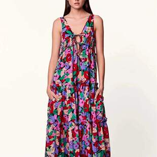 休闲吊带连衣裙A字裙单件 V领绑带收腰显瘦 2023秋季 颜色扎染设计