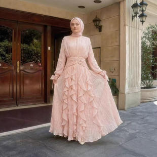 欧美跨境外贸气质优雅时尚 荷叶边拼接连衣裙镶钻收折长裙涤纶单件