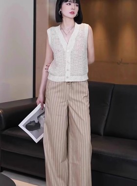 A家专柜正品代购2024夏松紧腰竖条纹休闲长裤5100552-1P25773-001