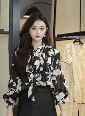 [商场同款]2025早秋复古泡泡袖飘带印花长袖衬衫130113-2A81711