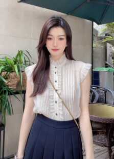 专柜五折代压褶女立领衬衫木耳领短款夏上衣1300760时尚无袖衬衫
