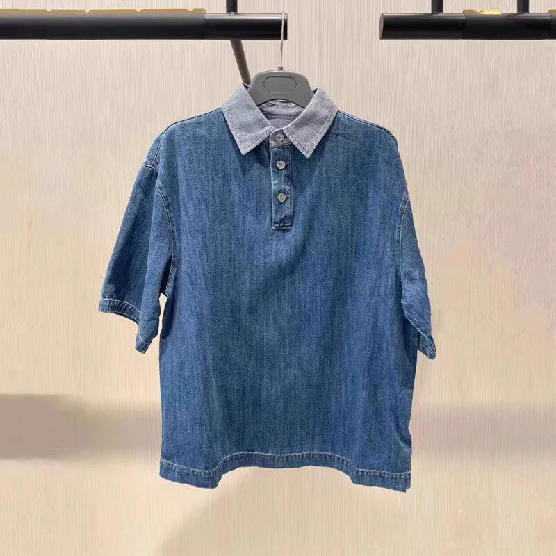 A家女装专柜正品2023秋款polo领半袖牛仔衬衫5301034-4222662-001