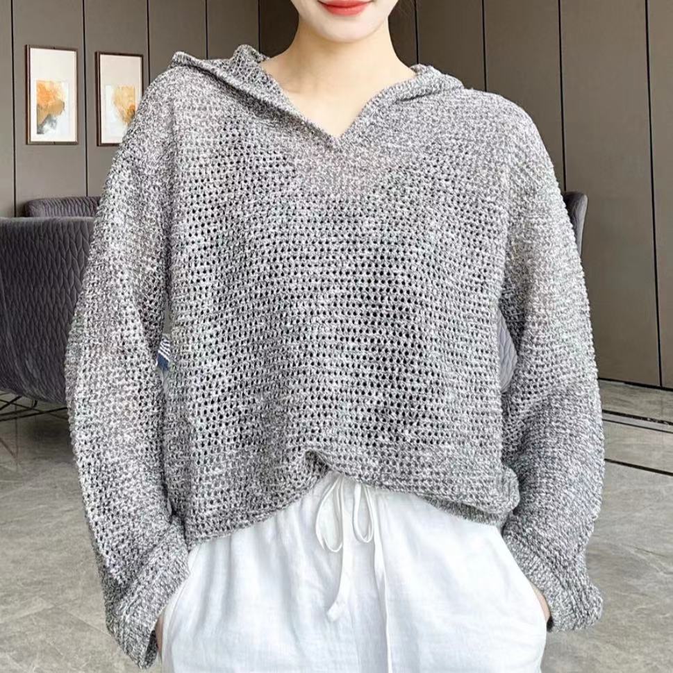 [商场同款]2025春新款镂空针织衫宽松休闲长袖连帽卫衣女5399722