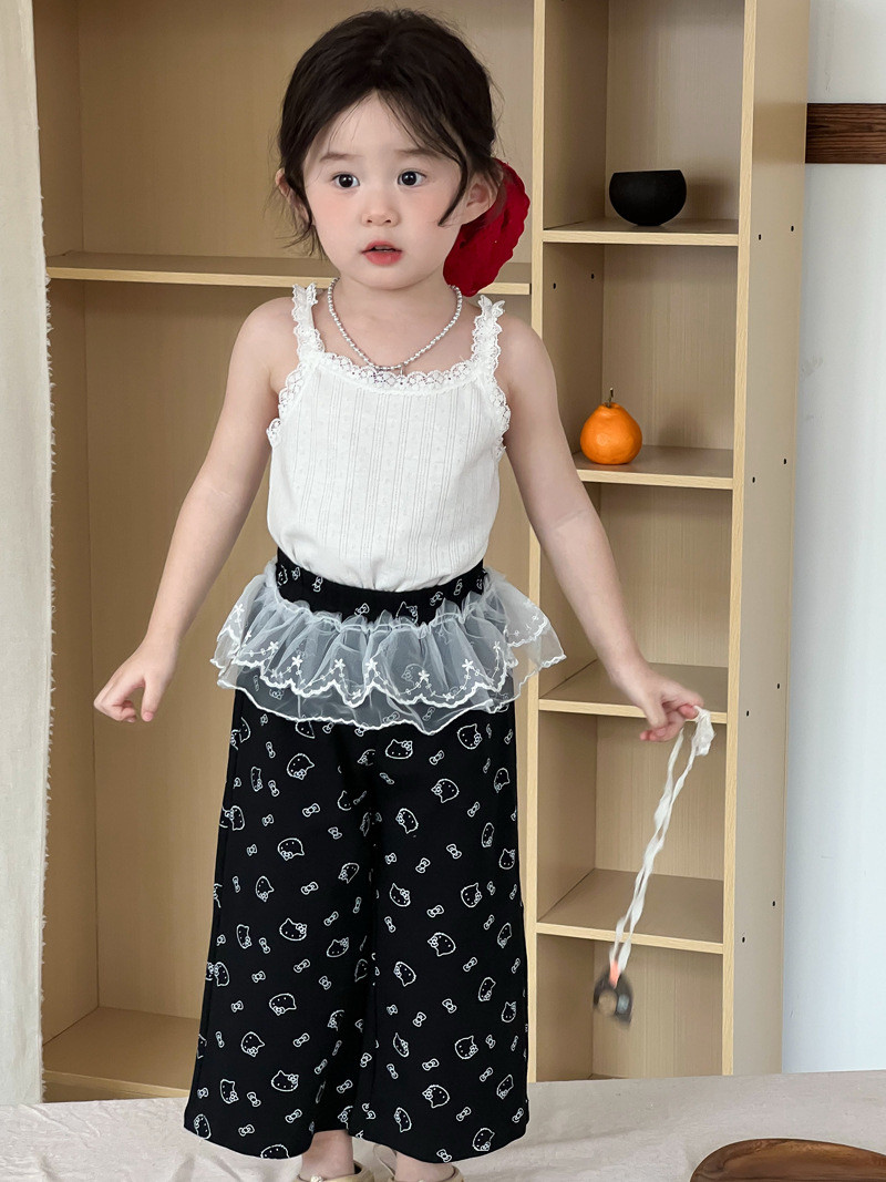 女童夏季韩版蕾丝花边吊带套装2025女宝宝屁连洋气直筒阔腿裤潮衣