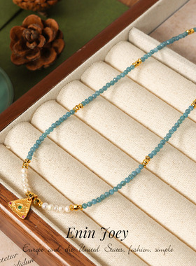 天然磷灰石珍珠镀金蓝色串珠项链