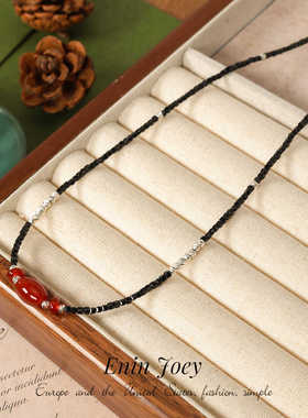 天然黑碧玺玛瑙镀金黑色串珠项链